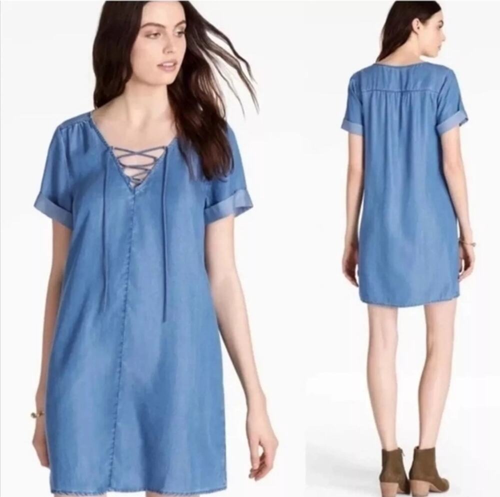 Lucky Brand Chambray Lyocell Lace Up Shift Dress L Blue Coastal Vacation Beachy